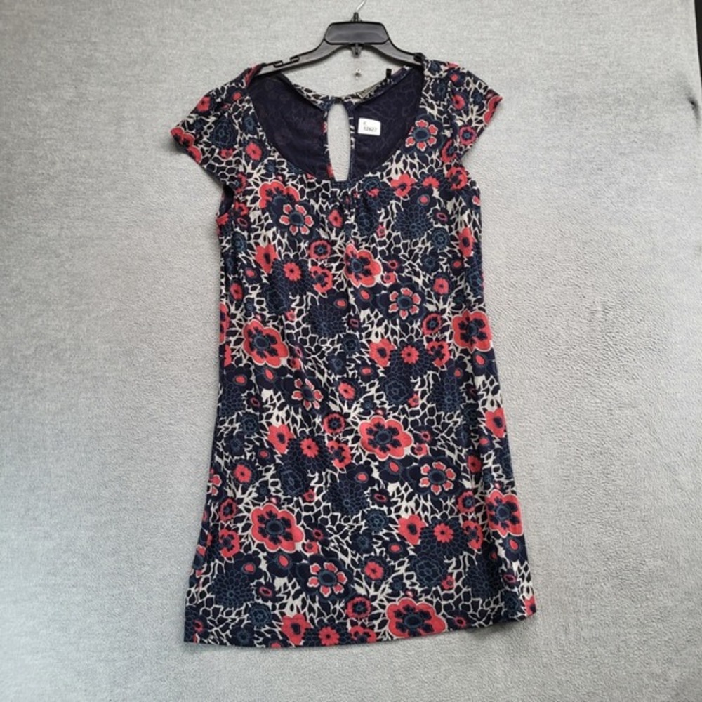 Guess Women Dress Large Blue Floral Shift Shrot Sleeve Scoop Neck